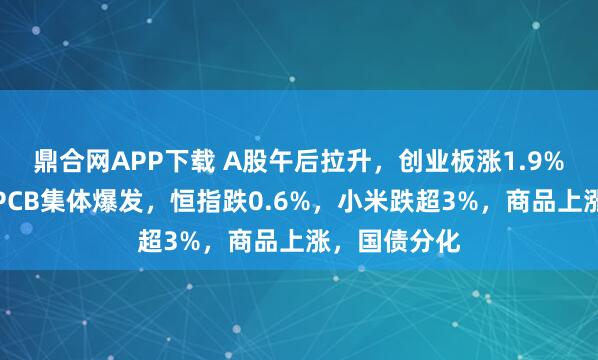 鼎合网APP下载 A股午后拉升，创业板涨1.9%，创新药、PCB集体爆发，恒指跌0.6%，小米跌超3%，商品上涨，国债分化